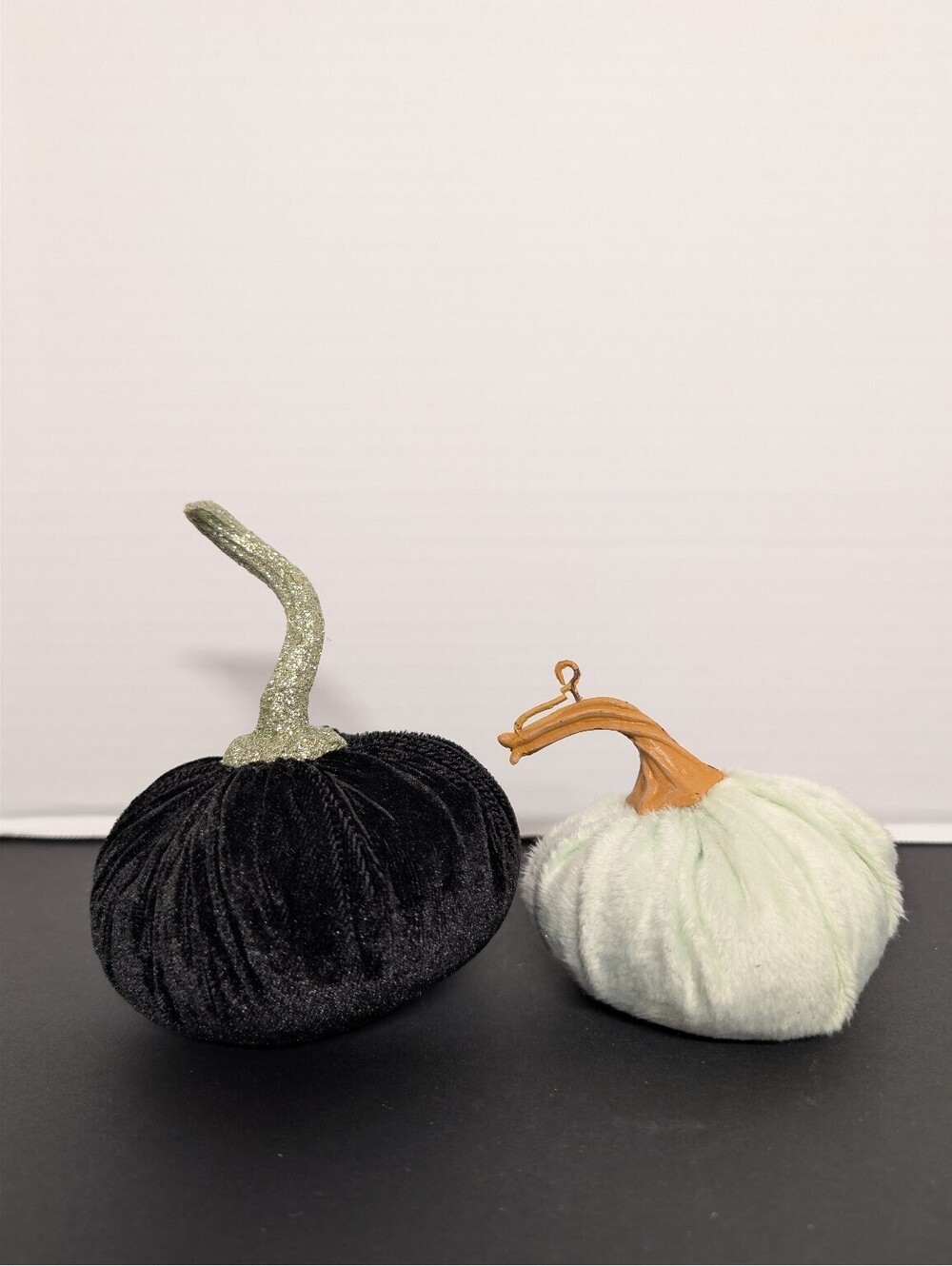 Velvet & Plush Pumpkin Decor Set - Black & Light Green Fall Halloween Tabletop